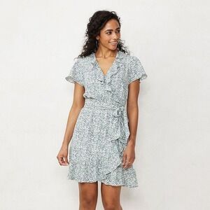 LC Lauren Conrad Wrap Dress Women's Floral Ruffle Short Sleeve Blue XL